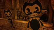 The Bendy cutouts and the large Bendy doll with mustaches made out of ink.