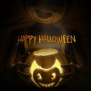 Bendy's head carved on a pumpkin in the Happy Halloween 2021 image.