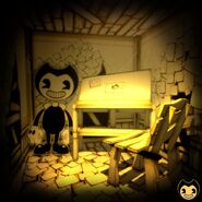 Bendy next to Henry's desk from Bendy's Twitter.