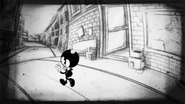 Bendy escaping from the Butcher Gang after losing their burger.