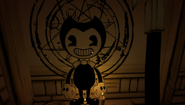 A Bendy cutout laying on one of the pentagrams.