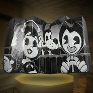 Bendy in the automobile sunshade along with Boris and Alice, exclusive at Hot Topic.