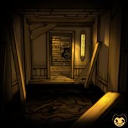 Bendy's cutout carried by Sammy in a screenshot by Bendy's Twitter.