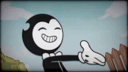 Cuphead shooting at Bendy, who simply wants to shake Cuphead's hand.