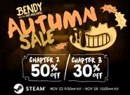 Alpha Bendy's face used for the image announcing the game's Autumn Sale on Steam.