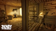 Henry looking at Bendy and the film camera from the official animated screenshot.