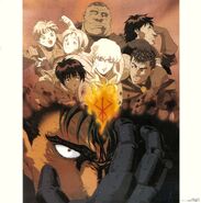Art which depicts a burning Brand of Sacrifice surrounded by an image of Guts remembering the Band of the Falcon for the 1997 anime.