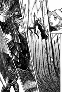 Guts swings the Dragon Slayer into the Sea God's stomach lining.