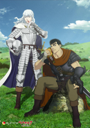 Promotional poster featuring Guts and Griffith eating fast food items from the Japanese fast food chain Template:W as part of the advertising campaign for the first film of the film trilogy - Golden Age Arc I: Egg of the Supreme Ruler.