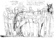 A height comparison of an older Rickert alongside the other older members of the Band of the Falcon and Charlotte, with a horse present to illustrate their size, for the 1997 anime.