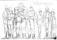 A height comparison between an older Griffith, Guts, Casca, Judeau, Pippin, Rickert and Charlotte for the 1997 anime.