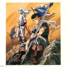 Art of Guts and Griffith on the battlefield for the 1997 anime.