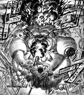 Guts fires his cannon into the apostle's face.