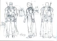 Front, side, and back view sketches of Guts wearing his Band of the Falcon armor for the Golden Age film trilogy.