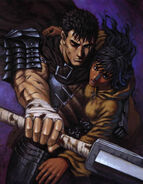 A regressed Casca is defended by Guts.