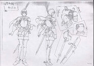 A variant of the full body sketches of Casca clad in armor, with drawings of her battle gear, for the 1997 anime.