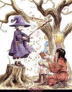 Puck and Ivalera fly through the leaves Schierke is using to demonstrate magic to Farnese.