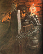 Puck stands on Guts' shoulder, the swordsman covered in blood.