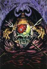 Zodd roars in his apostle form behind an image of the Skull Knight's skull, which contains the Crimson Beherit, for the 1997 anime.