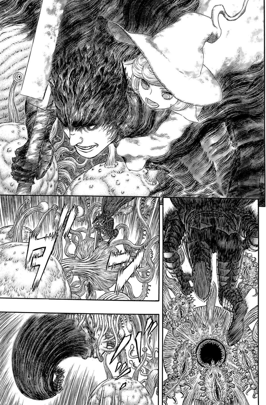 Guts approaches the Sea God using the sea slugs as stepping stones and fend...