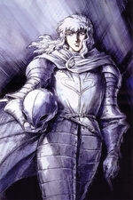 Promotional art of Griffith in his armor as the leader of the Band of the Falcon for the 1997 anime.