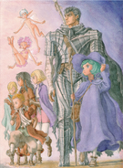 Farnese gazes at something in the distance alongside the rest of Guts' travelling party.