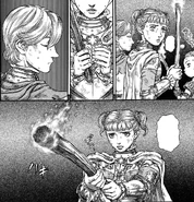Farnese deja de rezar para ayudar.jpg (670 kB) Haciendo caso a Guts, Farnese deja de rezar para ayudar en la defensa en la Torre del Renacimiento.