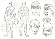 Full body and expression sketches of Guts post-Eclipse for the Golden Age film trilogy.