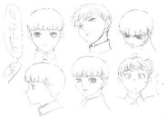Profile drawings of an older Rickert from various angles showing several expressions for the 1997 anime.