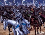 An armored Guts follows Griffith into battle on horseback.