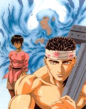 Promotional art of Guts, Casca, and an ethereal Griffith for the 1997 anime.