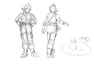 Front and back view sketches of a young Judeau clad in armor for the 1997 anime.