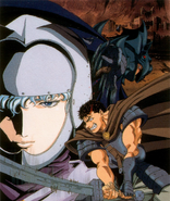 Promotional poster of Guts swinging his sword during his fight with Boscogn at the Battle of Doldrey for the 1997 anime.