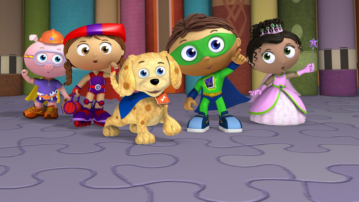 to the left) the protagonist of a kids show named super why (to