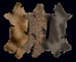 A sprite featuring three animal pelts against a black background. The pelts slightly overlap one another, with the rightmost one on top, and appear cleaned and cured. The leftmost pelt is of a smooth light brown fur, the middle of a slightly darker and more textured light brown fur, and the rightmost is of a smooth silvery black fur.