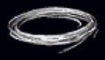 A long coil of white bowstring against a black background. The string is slightly shiny and has two loose ends at the lower left.