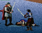 Gorath faces a Highland Ogre on a snowy landscape in front of the prone body of a slain moredhel. The Highland Ogre has cornflower blue skin and black hair, and is wearing leather arm guards, leather straps to affix weapons to his back, brown fur boots, reddish brown trousers, and a black sash hanging to mid thigh, and is brandishing a sword with both hands.