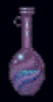 A bottle of Yelloweye against a black background. The bottle is made of purple glass with an iridescent blue swirl on its front. It is bulbous with a long neck and a small vertical circular handle at the top, just under a mouth slightly wider than the neck.