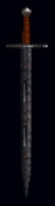 An onyx blade displayed vertically against a black background with the pommel at the top. The blade is made of matte dark grey metal and is straight and double edged with a pointed end and two short blood channels evenly spaced along its center. The sword has a thin straight crossguard of the same dark grey metal. The hilt is wrapped in reddish leather and it tapers slightly toward a rounded grey metal pommel.