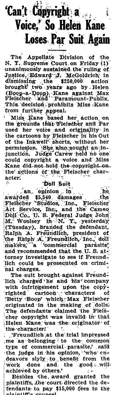 Can't Copyright a Voice Helen Kane 1936 Fleischer Doll Lawsuit