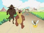 A race between a bee, a bear, a buffalo, and a bird