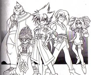 The Justice Five's initial concept art, in manga style (L-R: Crusher, Mystel, Brooklyn, Garland & Ming-Ming)