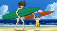 Kite and Eight about to go surfing.
