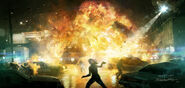 Concept art of the gas station explosion in Bakertown by François Baranger