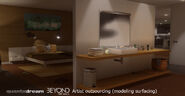Render of the bedroom and bathroom in Jodie's apartment by Maud Henry