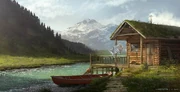 Concept art of the exterior of Jodie Holmes' cabin by 