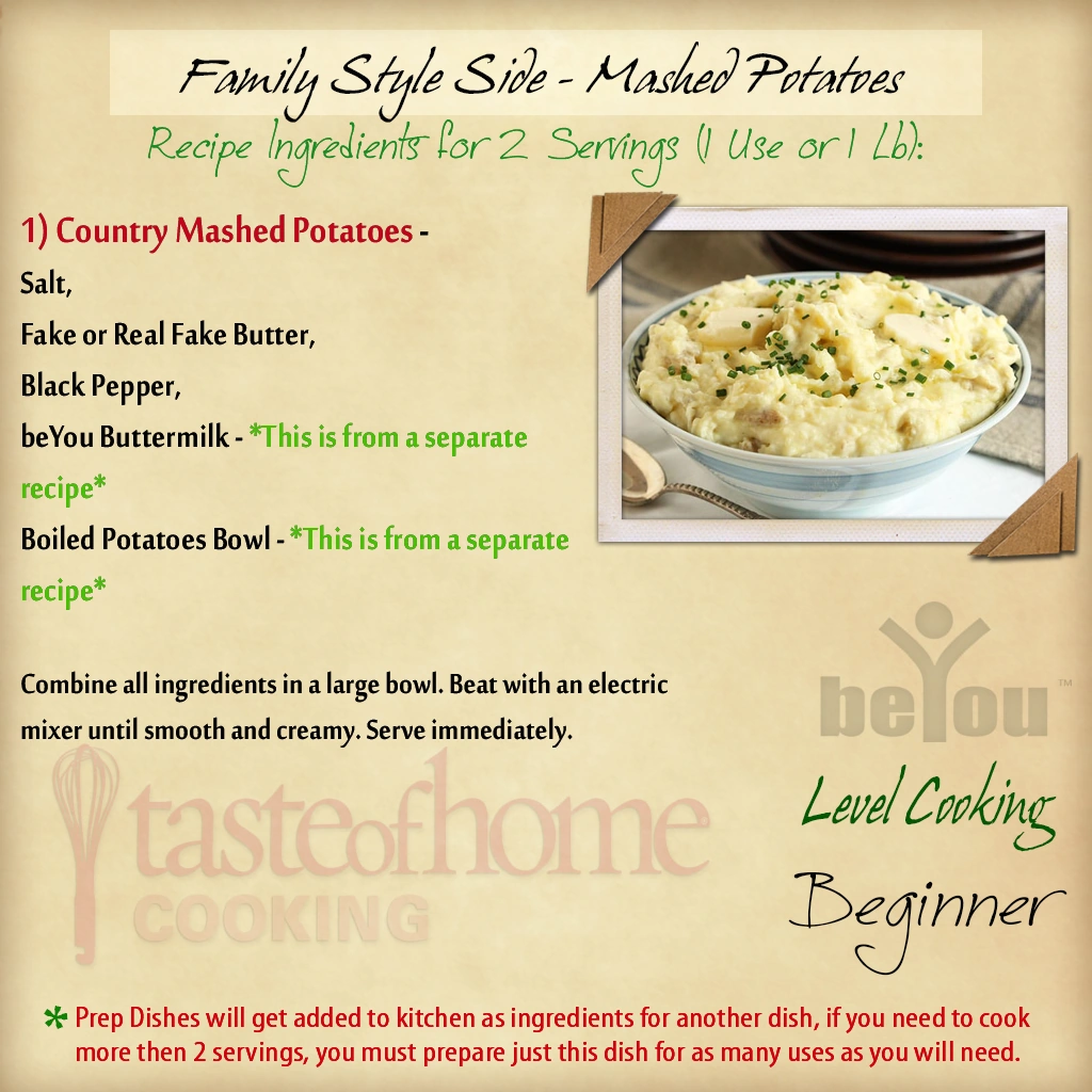 Recipe FS Side Mashed Potatoes BeYou World Wiki Fandom