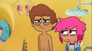 Boy is sad and shirtless and Girl looks at him guilty