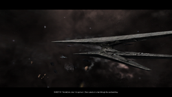 Screenshot taken from the Cinematic Cut Scene of a Cylon Raider landing on the Basestar