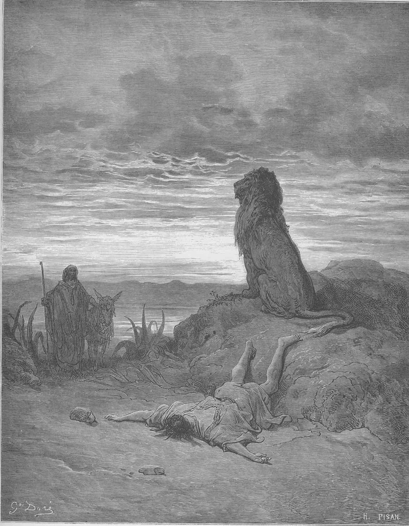 dore 11 1kings13 the disobedient prophet is slain by a lion.jpg
